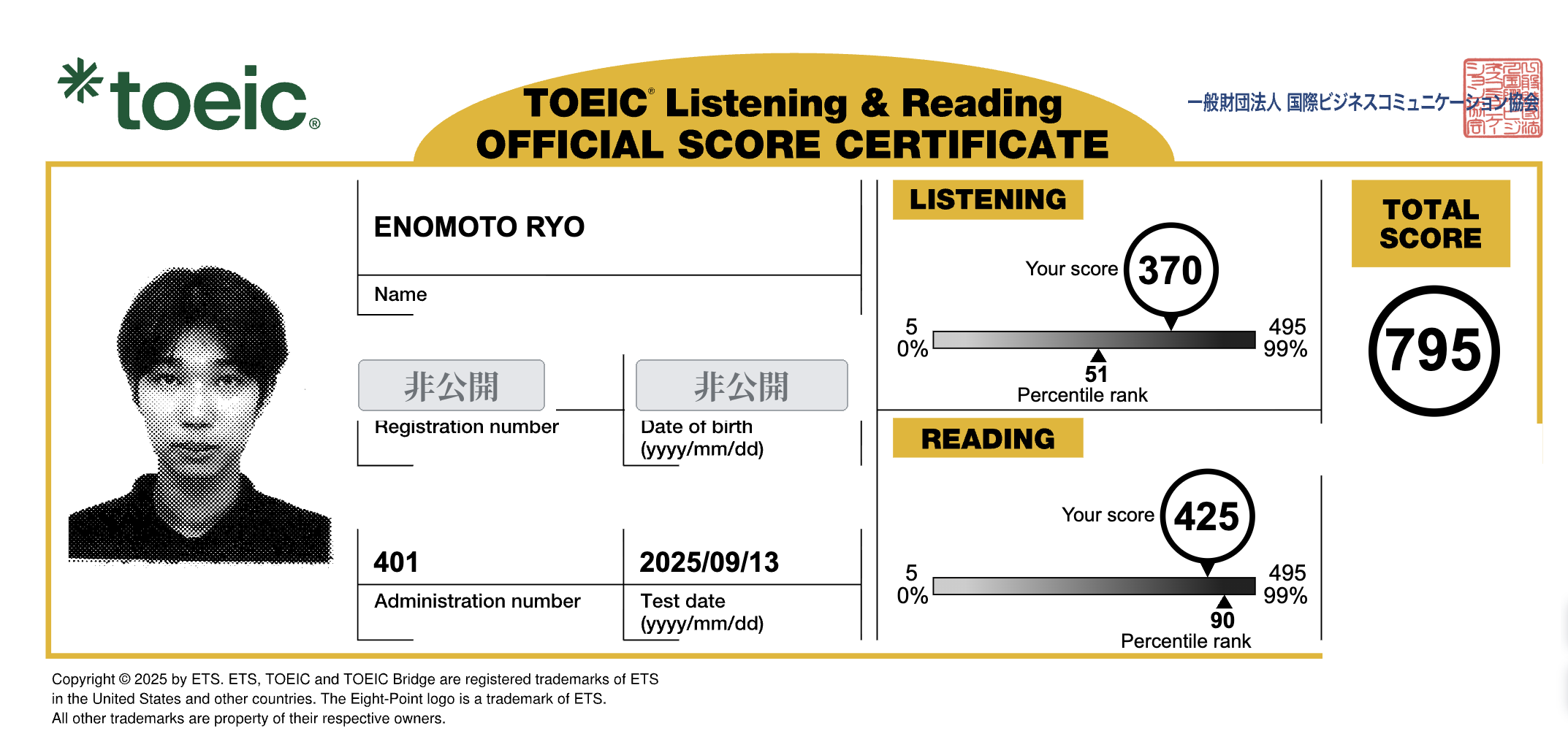 TOEIC公式認定証 795点